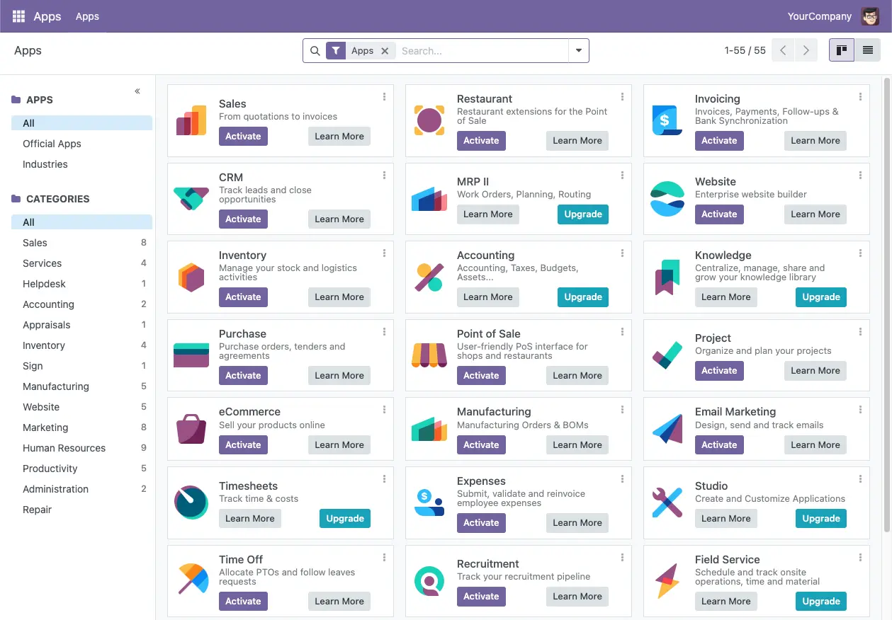 Vista de Odoo Apps